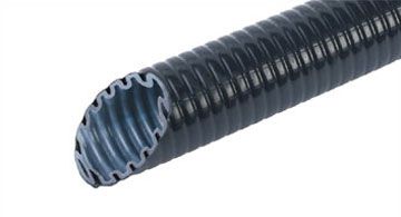 Schwarzes, flexibles Wellrohr mit gewellter Oberfläche und grauer Innenbeschichtung, Produkt von Fränkische.